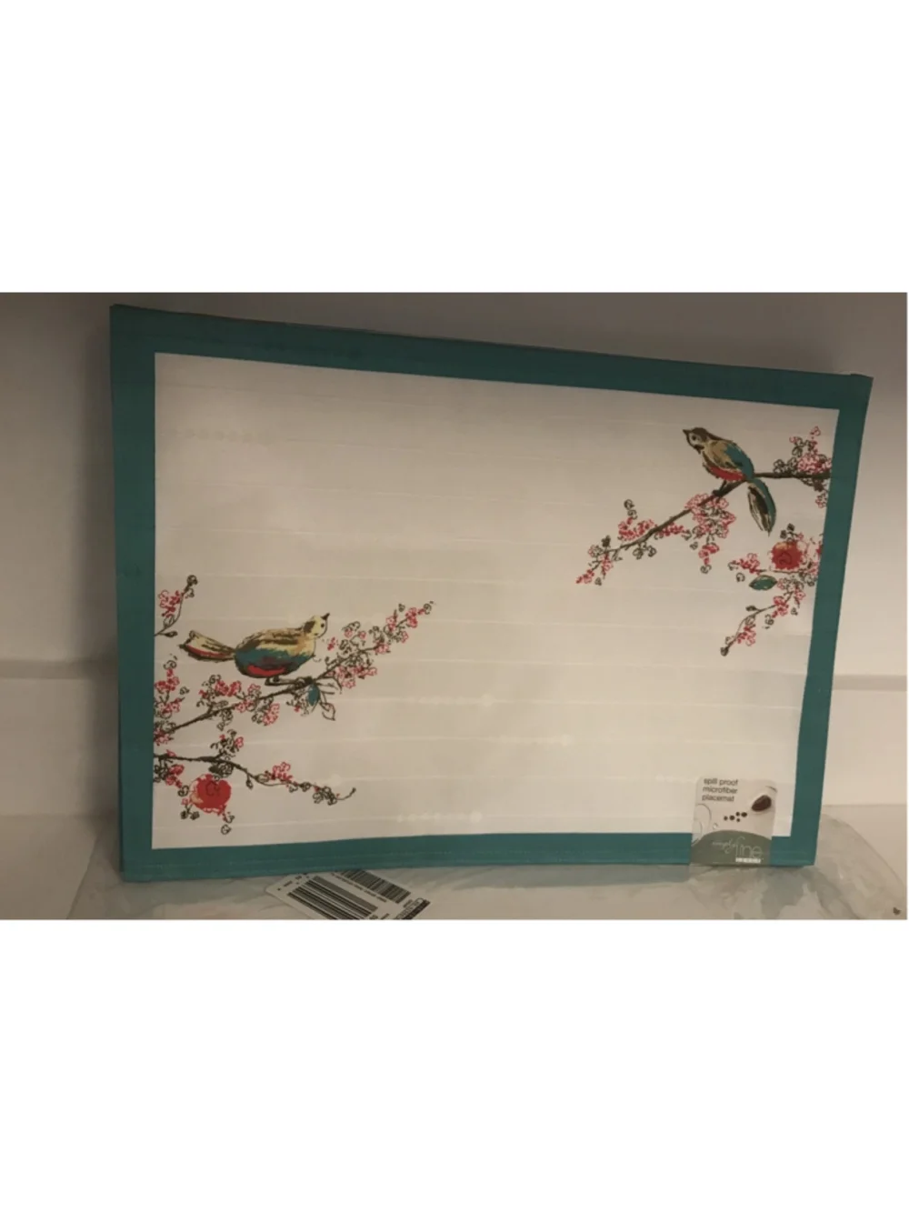 8 Lenox Chirp Placemats Microfiber White Teal Blue Floral Spring Cherry Blossoms